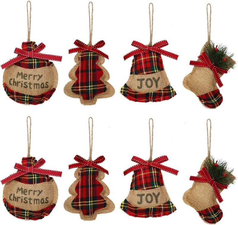 Photo 1 of 2 COUNT Rustic Christmas Tree Ornaments,Christmas Tree Decorations,Country Farmhouse Ornaments for Christmas Tree,Burlap Christmas Ornaments with Trendy Red and Green Plaid Tartan for Holiday Party Decor-8PCS