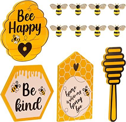 Photo 1 of 14 Pcs Bee Tiered Tray Decor Set Bee Wooden Sign Bee Happy Honeycomb Honey Dippers 3D Bee Charm Decor for Spring Summer Decor Bee Kitchen Bookshelf Table Decor(Tray Not Included)
