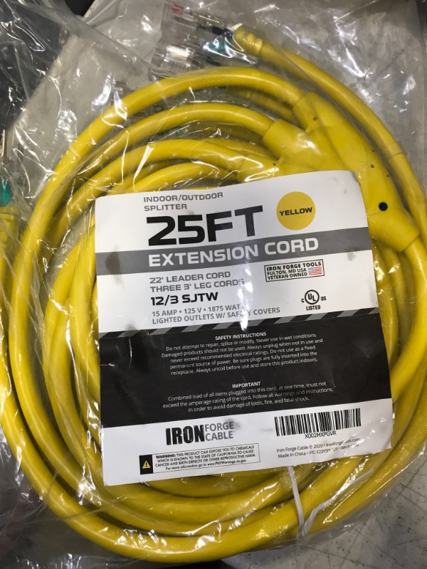 Photo 2 of 25 Ft Weatherproof 1 to 3 Outdoor Extension Cord Splitter - 12/3 SJTW [31 Ft Total Length] Heavy Duty Lighted End Yellow Power Cord Splitter with 3 Prong - Multi Outlet Christmas Light Decorations 25 Foot Splitter