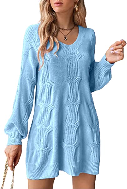 Photo 1 of Dyexces Womens Sweater Dress V Neck Cable Knitted Mini Dress Casual Loose Pullover Sweater SIZE  S 