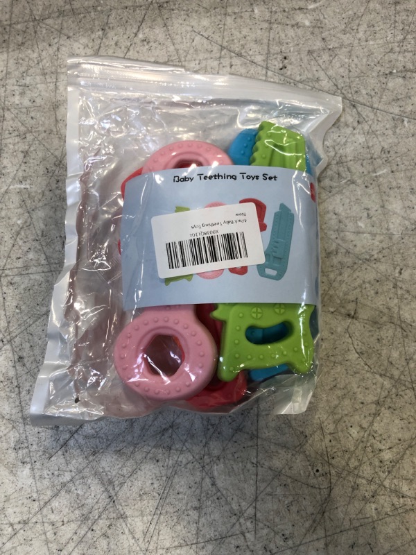 Photo 2 of 4Pack Teething Toys for Babies 0-6 Months with Lanyard, Baby Infant Teething Toys for Molars 6-12 Months, Freezer Safe Soft Silicone Baby Molar Teether Chew Toys Wrench Pliers Shape