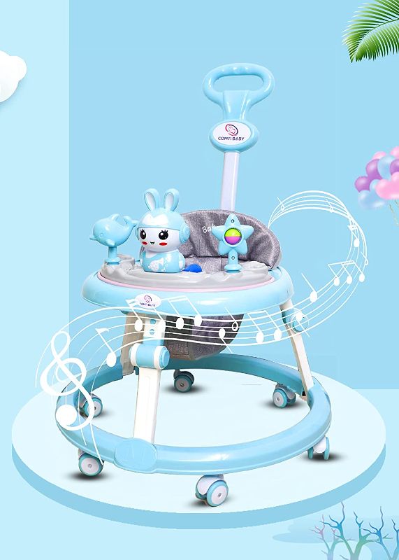 Photo 1 of Comfi Baby Cute Baby Walker with Music Light, 6 Universal Mute Scratch Free Wheels Height Adjustable Walker, Anti-Rollover Anti-O Leg Foldable Baby Walker Suitable for Girls Boys 6-18 Months 