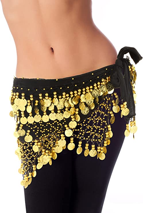 Photo 1 of 2 Pieces Women's Sweet Bellydance Hip Scarf with Gold Coins Bling Sequin Outfits Skirt for Performance Costume
