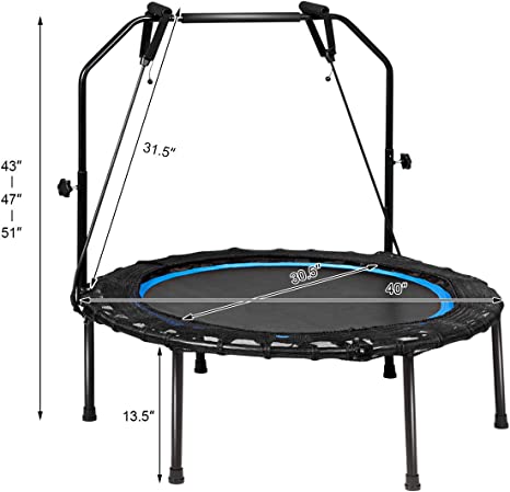 Photo 1 of 40” Foldable Mini Trampoline, Indoor Fitness Trampoline with 43''-51" Height Adjustable Handle, Resistance Bands, Rebounder Exercise Trampoline for Adults, Kids