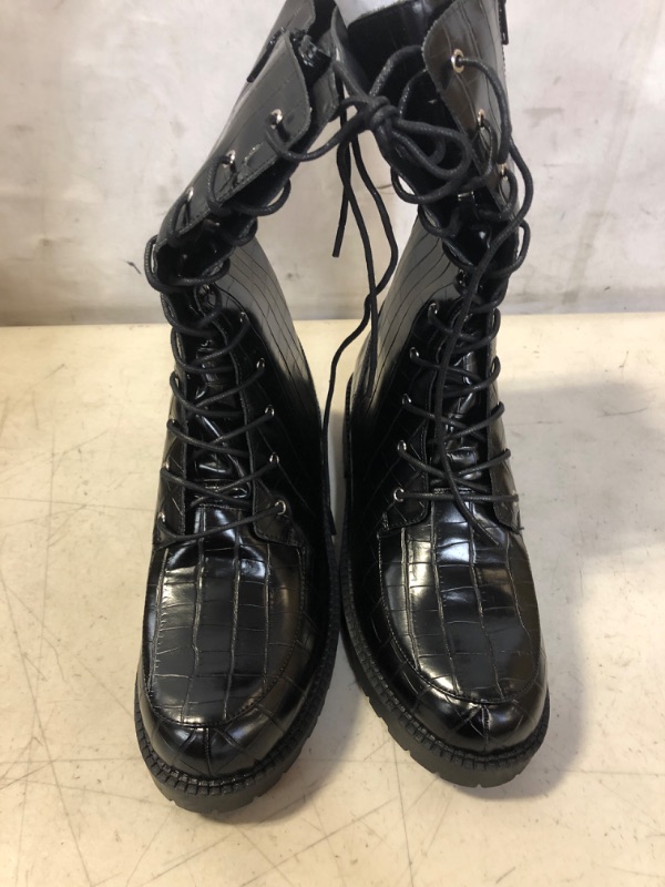 Photo 4 of Coutgo Womens Mid Calf Lace Up Boots Lug Sole Closed Toe Side Zipper Military Winter Combat Boot  SIZE 10 -- FOLDED BECAUSE OF BOX --