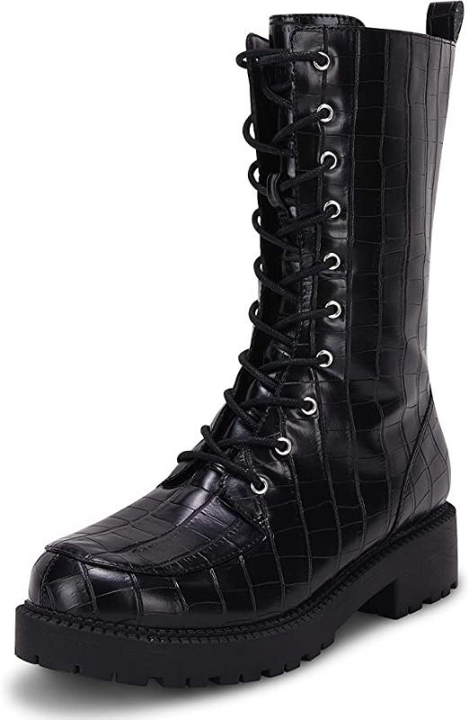 Photo 1 of Coutgo Womens Mid Calf Lace Up Boots Lug Sole Closed Toe Side Zipper Military Winter Combat Boot  SIZE 10 -- FOLDED BECAUSE OF BOX --