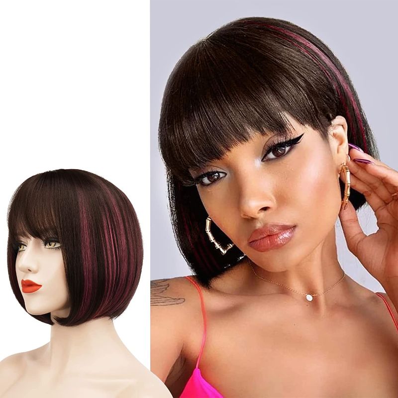 Photo 1 of SOFEIYAN Short Straight Bob Wigs with Bangs 11 inch Synthetic Daily Party Cosplay Hair Wig for Black Women, Brown & Red Violet
