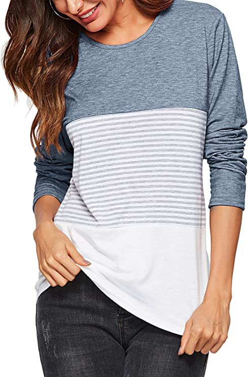 Photo 1 of AMORETU WOMEN ROUND NECK COLOR BLOCK STRIPE SHORT/LONG SLEEVE CASUAL T-SHIRTS, SIZE S