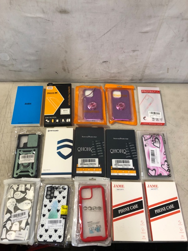 Photo 1 of 15PC LOT, PHONE CASES AND SCREEN PROTECTORS MISC ITEMS, SOLD AS IS
