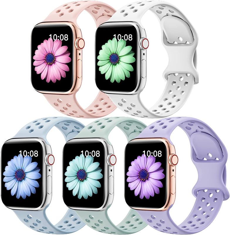 Photo 1 of 5 Pack Sport Bands Compatible with Apple Watch Band 38mm 40mm 41mm 42mm 44mm 45mm Women Men,Soft Silicone Breathable Straps Replacement Wristbands for iWatch SE Series 8 7 6 5 4 3 2 1
