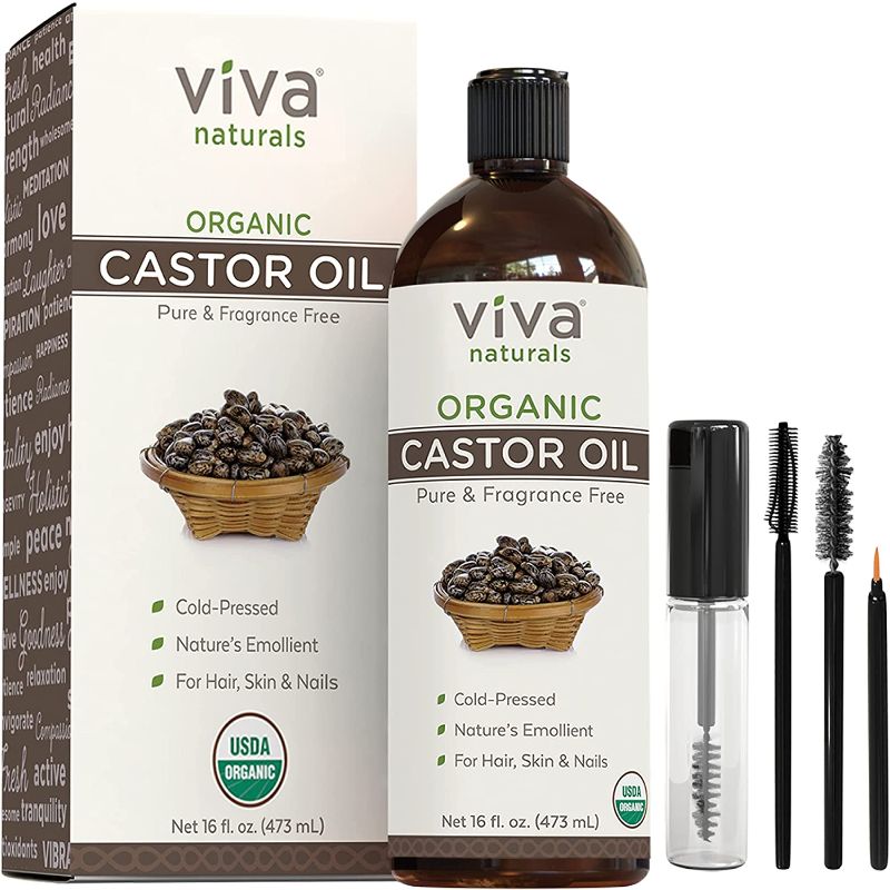 Photo 1 of Organic Castor Oil for Eyelashes and Eyebrows - 16 fl oz, USDA Organic, Pure Hexane-Free Moisturizer Traditionally Used for Hair Growth, Natural Skin and Eyelash Serum, Cold Pressed with Beauty Kit