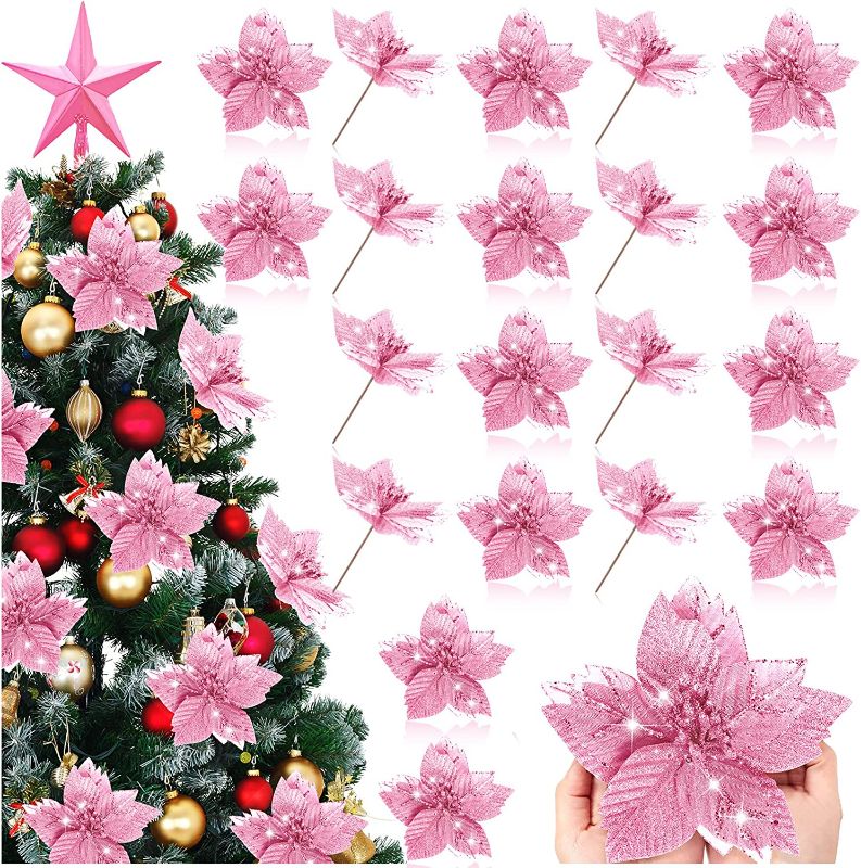 Photo 1 of 20 Packs Christmas Glitter Poinsettia Christmas Tree Ornaments Poinsettia Flowers Picks Pink Poinsettias Artificial Christmas Flowers for Holiday Wedding Decoration Floral Wreath