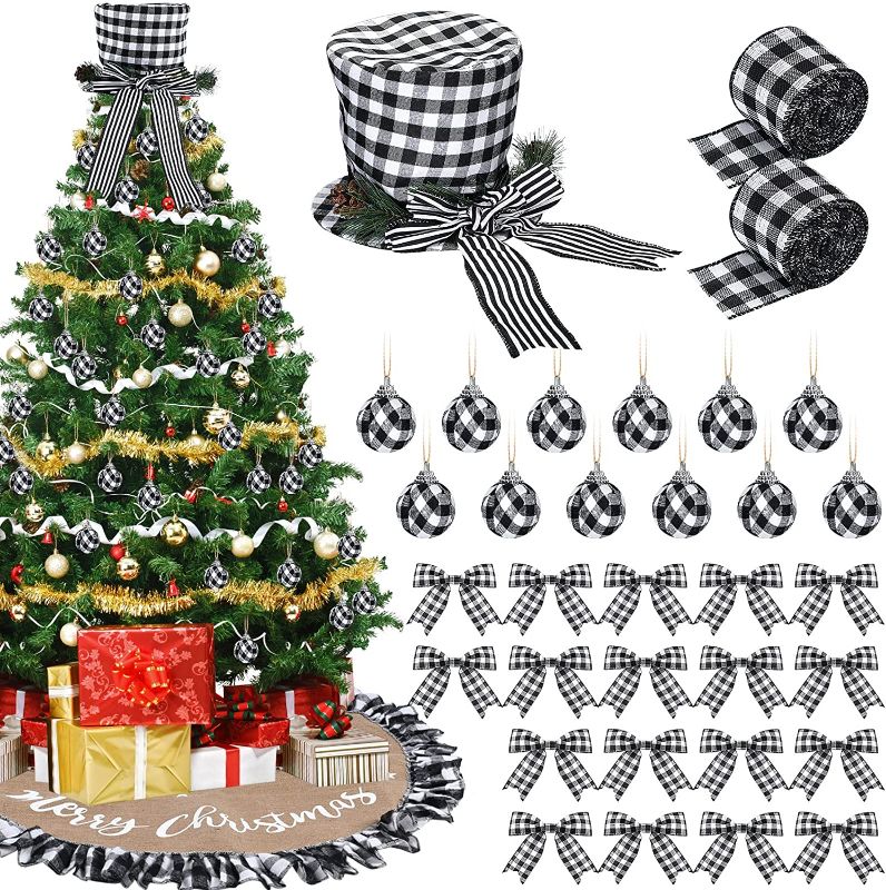 Photo 1 of 40 Inch Christmas Tree Skirt and Christmas Tree Topper Hat, Buffalo Plaid Fabric Ball, Xmas Ribbons, 16 Pcs Buffalo Plaid Christmas Tree Decorations