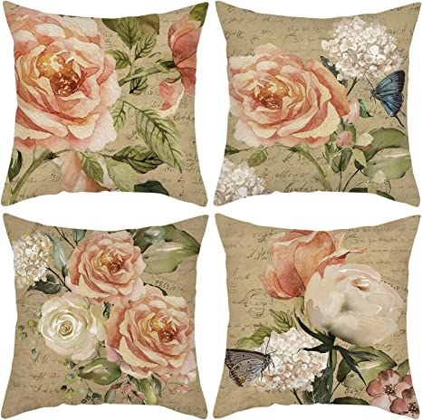 Photo 1 of Balaena Vintage Flower Decorative Throw Pillow Covers Retro Shabby Spring Rose Peony Floral 18x18 Inch Cushion Cover Set of 4 Farmhouse Pillowcase for Sofa Couch Bed Living Room Outdoor Home Décor