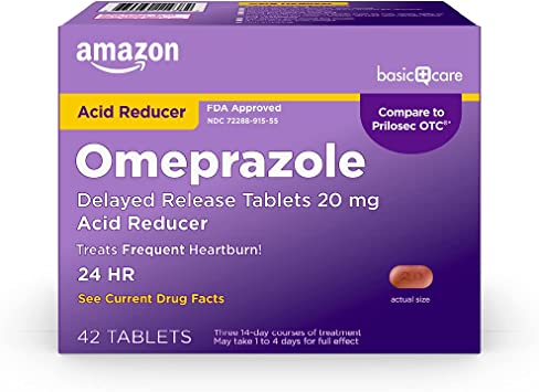 Photo 1 of Amazon Basic Care Omeprazole Delayed Release Tablets 20 mg, Acid Reducer, Treats Frequent Heartburn, 42 Count (Pack of 1)  BB 4/2023