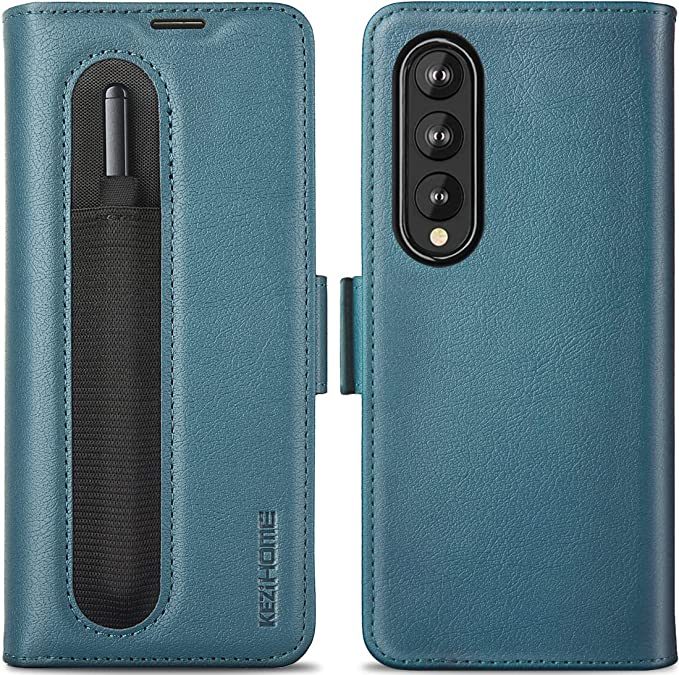 Photo 1 of KEZiHOME Samsung Galaxy Z Fold 3 5G Case with S Pen Holder, Galaxy Z Fold 3 Wallet Case [RFID Blocking] PU Leather Card Slot Flip Magnetic Phone Cover Compatible with Z Fold 3 5G (2021) (Myrtle Green)