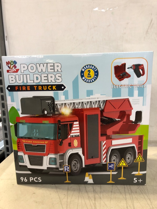 Photo 2 of Building Fire Truck Toys - 95 Pcs DIY Assembly Fire Truck STEM Toy with Drill, Push & Go Friction Power Lights & Sounds for Kids- Take Apart Vehicle Fire Trucks for Boys Ages 4 5 6 7 8 Years Old Fire Ladder Truck - 95 Pcs