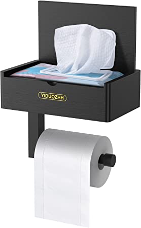 Photo 1 of YIDOUZHH Wooden Black Toilet Paper Holder with Shelf, Wall Mount Flushable Wet Wipes Dispenser with Storage, Keep Your Wipes Hidden Out of Sight, Rustic Tissue Roll Holders for Bathroom