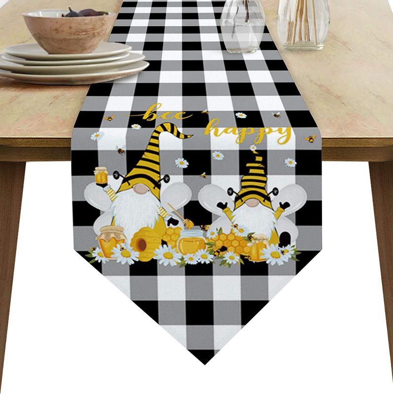 Photo 1 of Z&L Home Linen Burlap Table Runner Dresser Scarves, Spring Farm Bee with Gnomes Table Runners for Family Dinner/Holiday Party/Wedding/Events/Kitchen Decor Black White Grid 13x70In