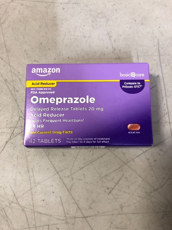 Photo 2 of Amazon Basic Care Omeprazole Delayed Release Tablets 20 mg, Acid Reducer, Treats Frequent Heartburn, 3 Bottles - 14 Tablets Each, Total 42 Tablets