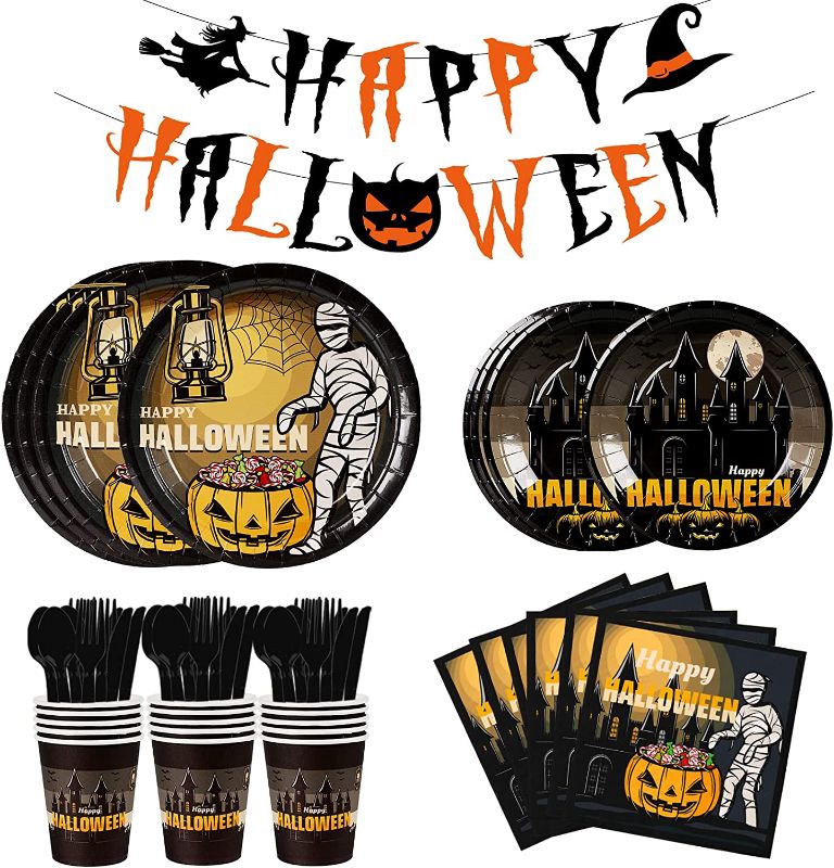 Photo 1 of 113 Pcs Halloween Party Supplies, 16 Guest Halloween Paper Plates and Napkins Cups Cutlery Sets with Dinner Dessert Paper Plates,Cups,Napkin for Halloween Party