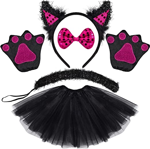 Photo 1 of Cat Cosplay Costume Set Cat Ears and Tail Set with Bow Paws Tutu Skirt Halloween Dress up Pretend Role Play for Women Girls