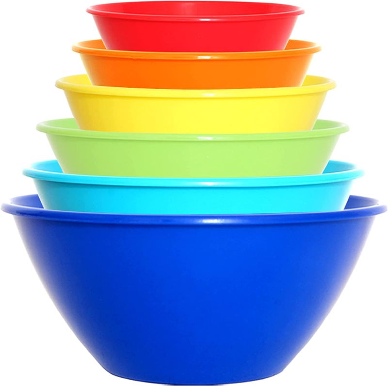 Photo 1 of Youngever 6 Pack Large Plastic Mixing and Serving Bowls, Plastic Nesting Bowls Set - 120OZ, 80OZ, 50OZ, 32OZ, 22OZ, 12OZ (Rainbow Colors)
