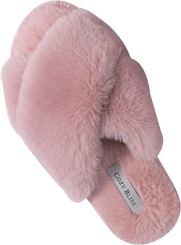 Photo 1 of Cozy Bliss Women's Faux Fur Slippers Cross Band Open Toe Breathable Fuzzy Fluffy House Slippers Memory Foam Anti-Skid Sole Indoor Outdoor Slippers