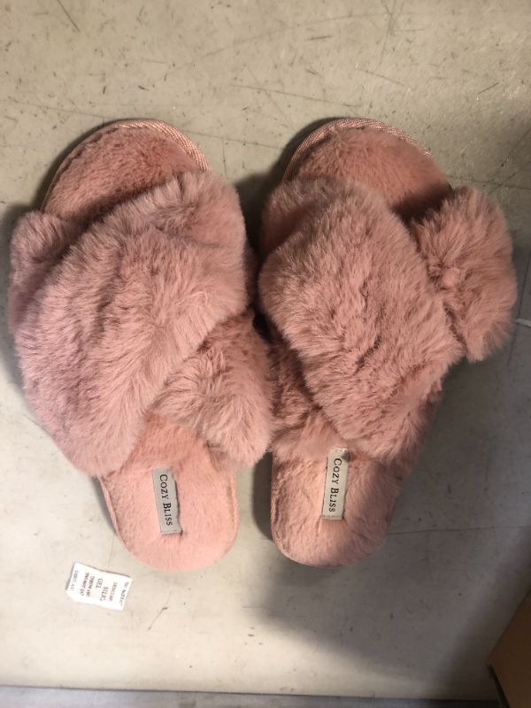 Photo 2 of Cozy Bliss Women's Faux Fur Slippers Cross Band Open Toe Breathable Fuzzy Fluffy House Slippers Memory Foam Anti-Skid Sole Indoor Outdoor Slippers