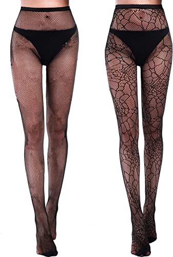 Photo 1 of 2 PACK --- Halloween Stockings 2 Pairs Spider Web Skull Fishnet Tights Black Halloween Tights Women Goth Spiderweb Tights Mesh Pantyhose Stockings Costume