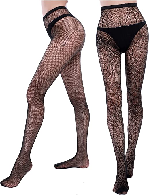 Photo 1 of 2 PACK --- Halloween Stockings 2 Pairs Spider Web Skull Fishnet Tights Black Halloween Tights Women Goth Spiderweb Tights Mesh Pantyhose Stockings Costume