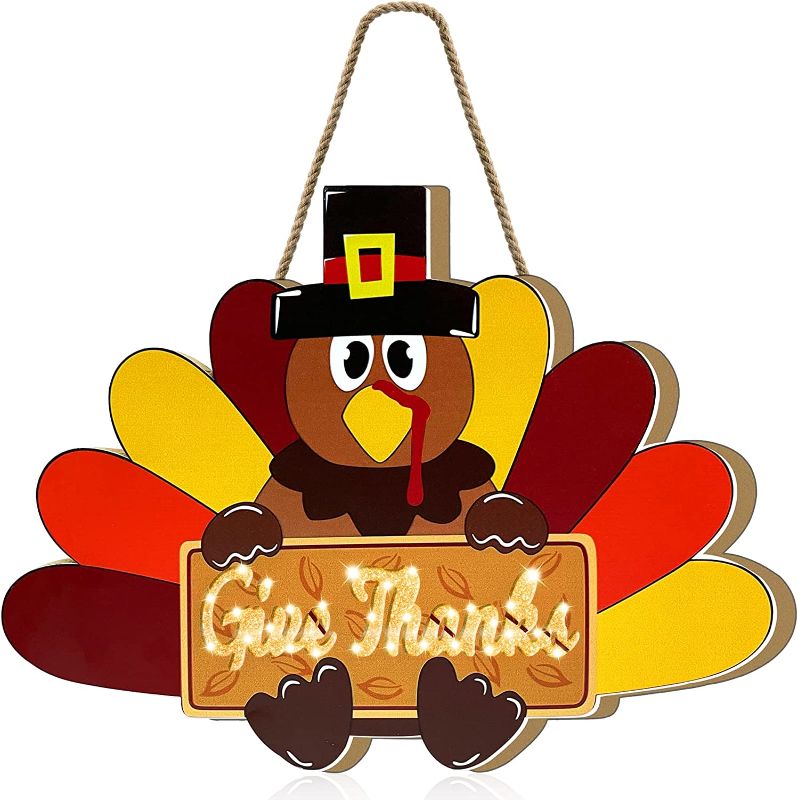 Photo 1 of [ Lighted & Timer ] Thanksgiving Wreath Turkey Sign for Front Door Decorations, Turkey Holds Give Thanks Banner Battery Operated Warm Lights 16 Inch Wood Hanging Thanksgiving Decor Home Outdoor Indoor