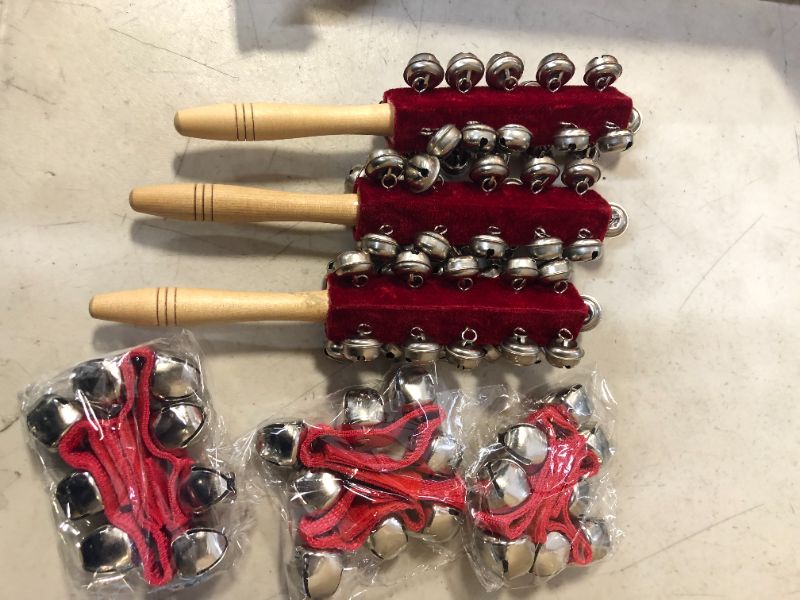 Photo 2 of 9 Pcs Christmas Sleigh Bells Red Wrist Bells Musical Wooden Handheld Bells Shaker Bells for Party Favors Family Gatherings Gift
