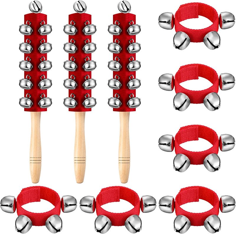 Photo 1 of 9 Pcs Christmas Sleigh Bells Red Wrist Bells Musical Wooden Handheld Bells Shaker Bells for Party Favors Family Gatherings Gift
