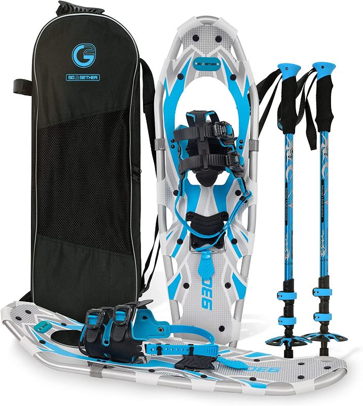 Photo 1 of G2 21/25/30 Inches Light Weight Snowshoes with Toe Box, EVA Padded Ratchet Binding, Heel Lift, Flexible Pivot Bar, Durable Back Strap, Set with Trekking Poles, Carrying Bag, Snow Baskets, Orange/Blue/Red Available