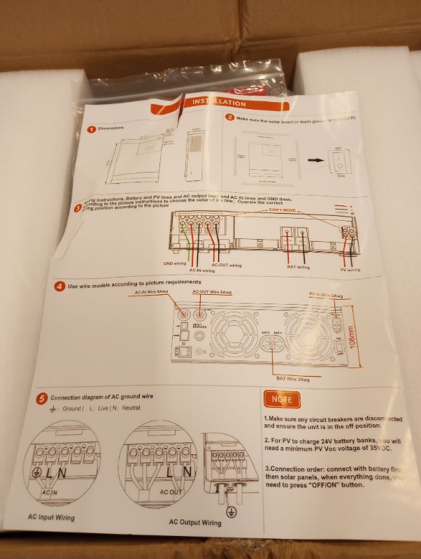 Photo 5 of 3000W Solar Inverter Pure Sine Wave 24V 120V, Off-Grid Power Inverter Built-in 60A MPPT Charger+40A AC Charger, Support Utility/Generator/Solar Charge ----- item is new, sealed