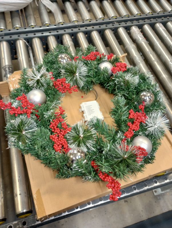 Photo 3 of 20 Inch Prelit Christmas Wreath for Front Door, Artificial Lighted Christmas Wreath with Timer, Ball Ornaments & Red Berries, Battery Operated Xmas Wreath for Outdoor Indoor Decorations ----- item is new