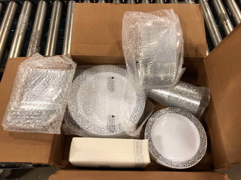 Photo 2 of 210 Pieces Plastic Dinnerware, Silver Disposable Plates, Includes: 30 Dinner Plates 30 Dessert Plates &30 Cups &30 Linen Like Silver Paper Napkins & 30 Plastic Silverware Set, Plastic Dinner Plates