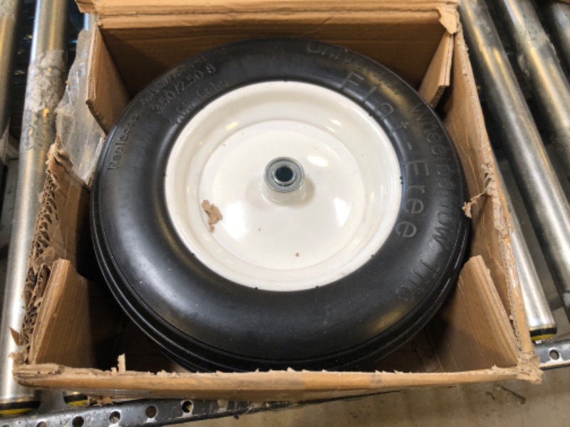 Photo 2 of Flat Free Wheelbarrow Tire 14.5" Universal Fit Air Less Tires 4.80 4.00-8 5/8 Bearing 3" Centered hub Foamed Polyurethane Tire for Garden Outdoor Cart Wagon Lawn Mower Ribbed Tread Axle hole 16mm 2PC