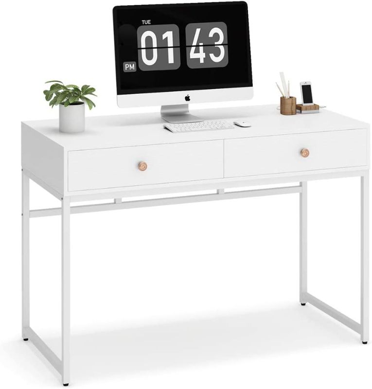 Photo 1 of Tribesigns Computer Desk, Modern Simple 47 inch Home Office Desk Study Table Writing Desk with 2 Storage Drawers, Makeup Vanity Console Table White
