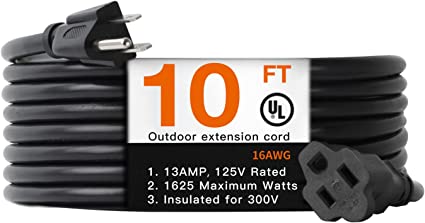 Photo 1 of 10 Feet Outdoor Extension Cord Waterproof Black 16 AWG 3 Prong, Flexible Long Wires Perfect for Home or Office Use, UL Listed
