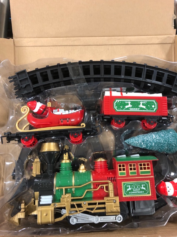 Photo 3 of Christmas Train Set, Train Toy Set Track Elevated with Locomotive Santa Claus Snowman Xmas Tree Cargo Car Light Controllable Sound, Easy Assemble Electric Train Set for Kids Boys Girls Under Christmas Tree