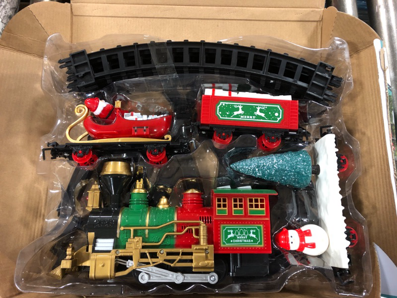 Photo 2 of Christmas Train Set, Train Toy Set Track Elevated with Locomotive Santa Claus Snowman Xmas Tree Cargo Car Light Controllable Sound, Easy Assemble Electric Train Set for Kids Boys Girls Under Christmas Tree