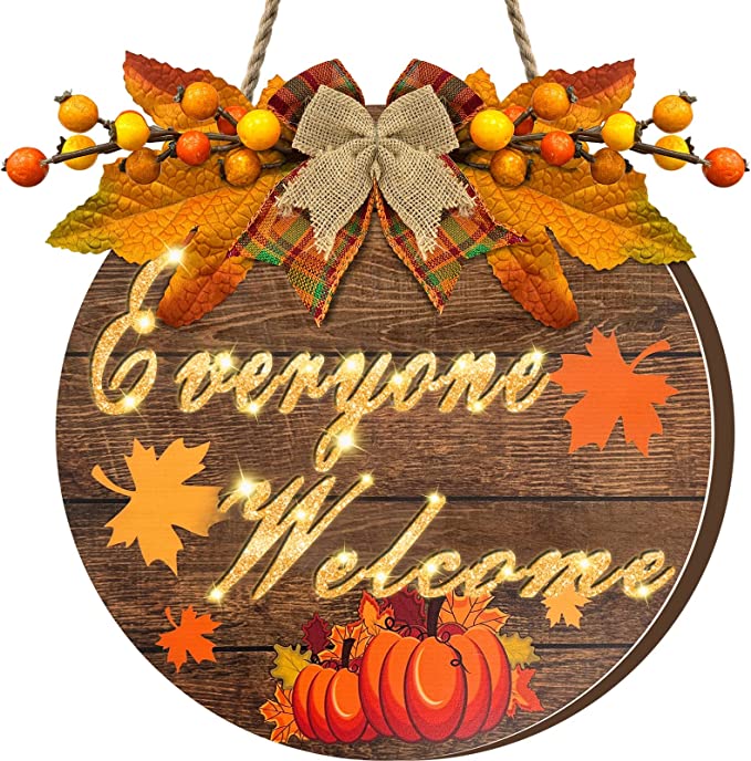 Photo 1 of [ Light Inside & Timer ] Prelit Everyone Welcome Sign Fall Thanksgiving Wreath Front Door Decoration Battery Operated Pumpkin Maple Leaf Berry Wood Hanging Sign Autumn Fall Decor Home Indoor Outdoor