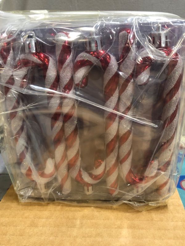 Photo 2 of 24 Pieces Candy Cane Christmas Decorations Plastic Candy Cane Christmas Ornaments Glitter Candy Crutch Red and White Xmas Tree Hanging Decoration for Christmas Party Favors Birthday Holiday Crafts