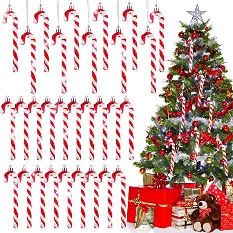 Photo 1 of 24 Pieces Candy Cane Christmas Decorations Plastic Candy Cane Christmas Ornaments Glitter Candy Crutch Red and White Xmas Tree Hanging Decoration for Christmas Party Favors Birthday Holiday Crafts