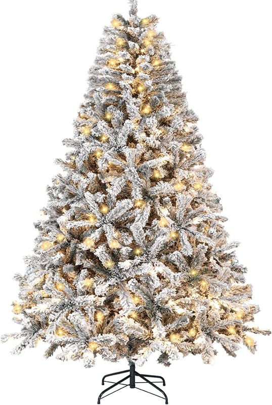 Photo 1 of 6 Ft Pre Lit Flocked Christmas Tree Artificial Xmas Tree with 216 Warm White LED Lights and 753 Frosted Branch Tips,Prelit Christmas Tree for Indoor Outdoor Yard Decorations
