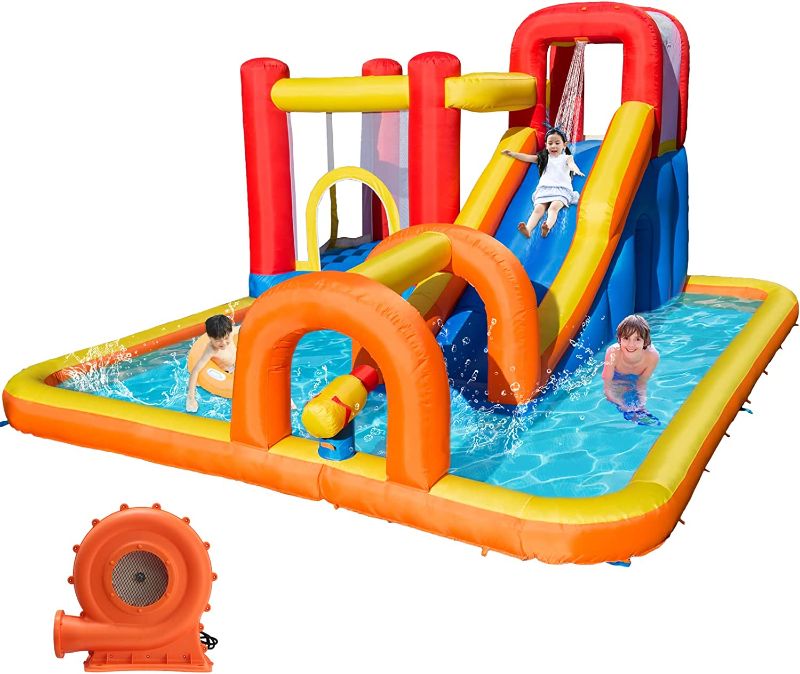Photo 1 of Baralir Inflatable Bounce House Water Park with Long Water Slide & Large Splash Pool Fits 5 Kids, Endless Fun of Jumping, Sliding, Climbing - Extra Cave and Tunnel Adventure and Water Cannon
UNABLE TO TEST PRODUCT.