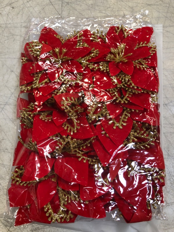 Photo 2 of 16 Pieces Christmas Glitter Artificial Poinsettia Flowers, Christmas Ornaments, Christmas Decorations Flowers with Clips and Branches?Red?