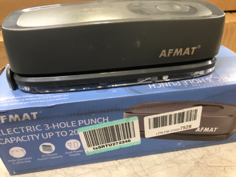 Photo 2 of 3 Hole Puncher for Paper, AFMAT Electric Hole Punch 3 Ring, 20-Sheet Paper Punch, AC or Battery Operated 3 Hole Puncher, Effortless Punching, Long Lasting Paper Punch for Office School Studio, Gray Grey